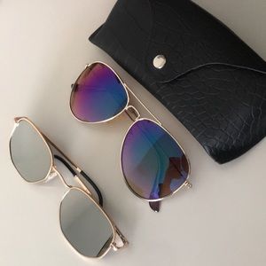 3 items: 2 reflective sunglasses and a sunglass case